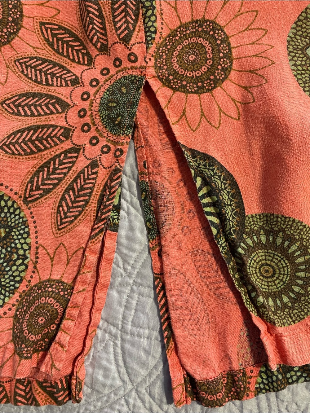 Hot Cotton by Marc Ware Made in USA Vintage Linen Skirt XL Slit BOHO Coral Print - Picture 5 of 7